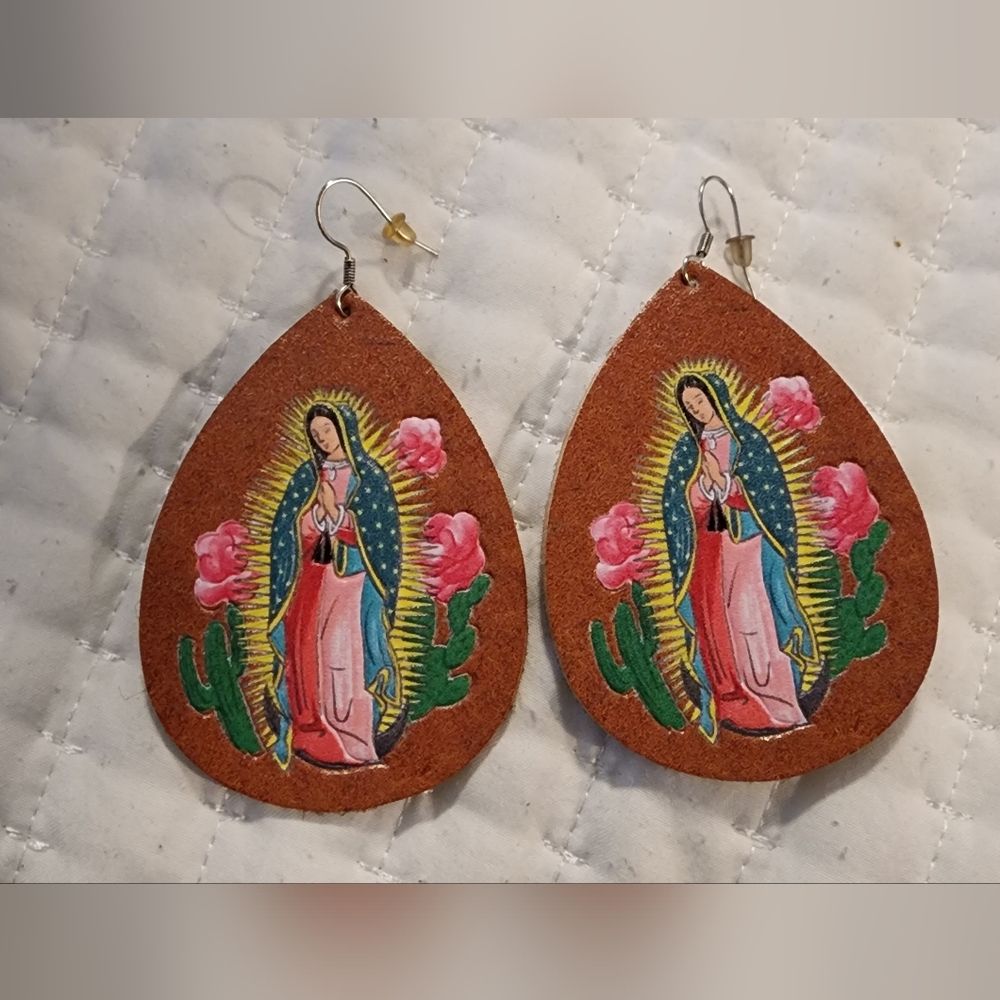 Virgin Mary Leather Earrings